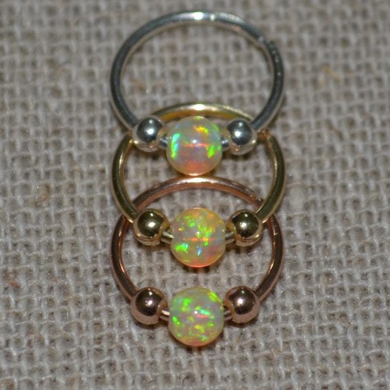 Gold Nose Ring Hoop - Nose Stud - 3mm Opal Tragus Earring Hoop - Cartilage Hoop Earring - Daith Earring - 20g Rook - Conch Piercing