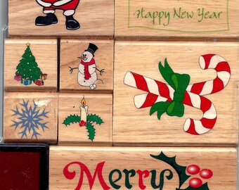 Set of Eight Christmas Rubber Stamps from Nicole. Santa with Bag. Wishing You a Merry Christmas and a Happy New Year. Merry Christmas.