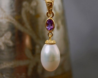 Aaloka- Ivory Freshwater Pearl Pendant, Rose de France gemstone accent, pearl pendant with gemstone, June birthstone pendant, unique jewelry