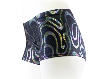 Booty shorts. Girls Dancewear Shorts. Nylon Spandex "Green Purple Metallic Swirl". Booty Shorts for dance class and rehearsal.