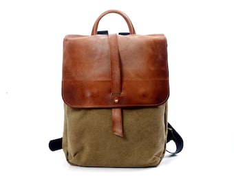 Canvas Backpack / 11"/ 13"/ 15" Laptop Bag, Laptop Backpack, Faded Leather Rucksack, Distressed Leather Bag, Travel Backpack, Schoolbag