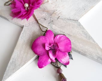 Fuchsia orchid flower necklace
