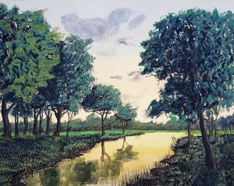 Gouache Landscape Painting Print 20x16 "Golden Stream"