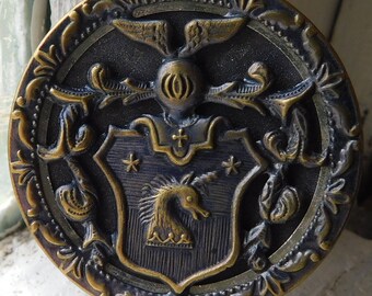 Magnificent Large brass picture button | Heraldic animal button | Raised brass design | Twinkle rim | Unicorn | 1-1/2"