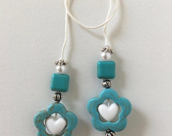 String Bookmarker w/ white heart in teal beading