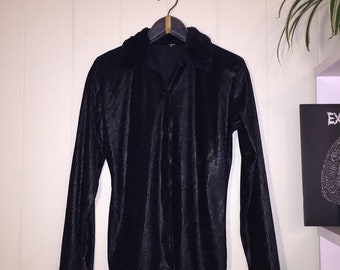 Black velvet button up fur collar blouse