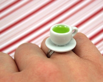 tea cup ring kawaii polymer clay charms miniature food jewelry polymer clay food ring teacup ring green tea ring matcha ring matcha tea ring