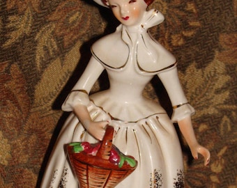 Colonial Lady Figurine With Basket, Probably Florence Ceramics Production