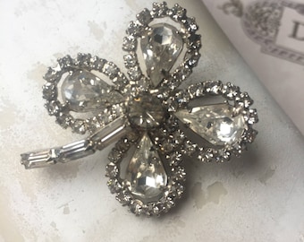 Vintage Rhinestone Four Leaf Clover Brooch, Elegant Estate Jewelry