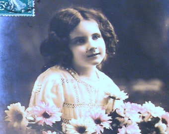 1910s French postcard, Girl with flowers, RPPC paper ephemera. Real photo.
