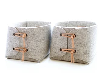 Storage Baskets with natural Leather details - Two large storage baskets - wool felt storage bins - storage box - minimalist laundry hampers