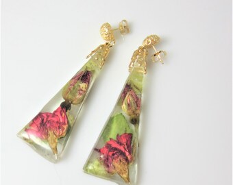 Rosebud Post Earrings, Real Flower Earrings, Pressed Flowers, Resin (2017)