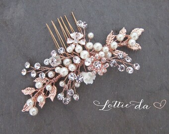 Rose Gold Bridal Comb, Rose Gold Hair Vine Comb, Wedding Hair Vine Wedding Pearl Hair Comb, Boho Wedding Headpiece - 'ZARA'