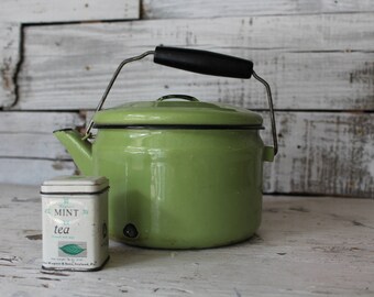 Enamel Tea Kettle, Large Green Enamelware Teapot, Antique Enamel Kettle, Vintage Teapot, Farmhouse Kitchen Decor, Antique Home Decor, Teapot