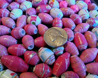 Hand Rolled Chunky Paper Beads. Pink and White mixed lot with Glitter and Foil accents. Barrel/Bicone Style's 12 pcs. + 2 bonus beads e-001