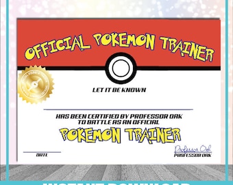 Pokemon Trainer Certificate Instant Download Printable