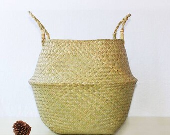 Natural Sea Grass Woven Foldable Belly Basket with Handle for Storage, Flower Plant Pot,Laundry