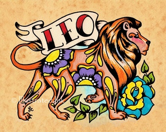 Zodiac Tattoo Art LEO Lion Astrology Print 5 x 7, 8 x 10 or 11 x 14