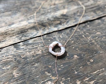 Rose gold necklace with raw geode druzy agate slice, with rainbow angel aura quartz crystal point pendant