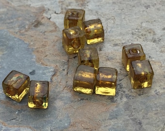 Yellow Gold Cube Beads, Small Glass Cube Beads, 6mm, 10 beads per package