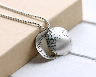 Secret Message Locket Dandelion Necklace, Hand Stamped Name, Dandelion Fluff Sterling Silver Disc, Graduation Gift, Clamshell