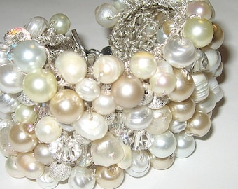 Modern Bride, Freshwater, Pearls, Crystals, White,Ivory Big Statement Bracelet Cuff, Baroque, Silver Glitter Beads, Hand Knit Sereba Designs
