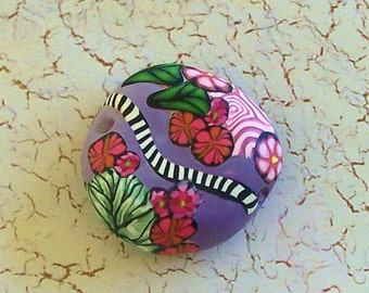 Purple Floral Embellished Polymer Clay Focal Bead by Carol Wilson of PollyClayDesigns