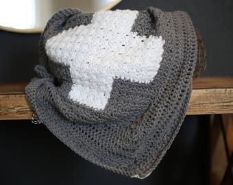 Crochet Baby Blanket Cross Design Charcoal Grey and White No.001
