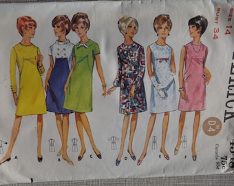 Semi-Fitted, A-Line Dress with Sleeve Variations and Oval Neckline in Size 14 Complete All 12 Pieces Vintage Butterick Sewing Pattern 4348