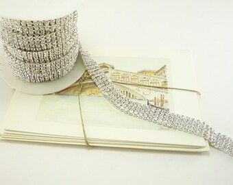 4 Row Silver Rhinestone Trim, Wedding Trim, Crystal Applique, Clear Crystal Trim, Bridal Trim, Bouquet Trim, 15mm ( 1 Feet Qty)