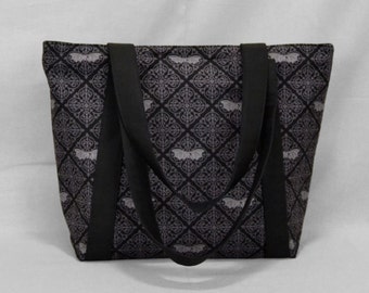 Black and Gray Bats Zipper Top Tote Bag, Damask Print, Pockets, Canvas Liner, Goth Halloween