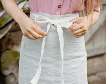 Stone washed linen half apron. 12 colours. Grey linen cafe apron. Womens aprons. Natural oatmeal linen apron. Warm grey, beige. Skirt apron.