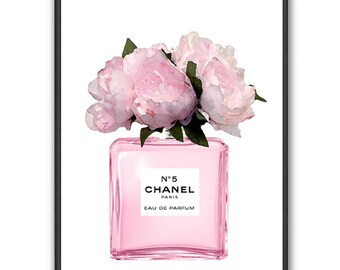 Chanel nr.5 art print Chanel perfume with Pink Peony flowers Chanel poster Chanel painting Flowers art print Fashion art print flowers art