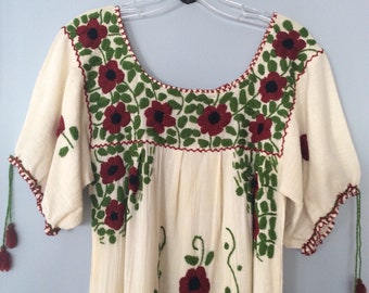 1970s Mexican Cotton Gauze Embroidered Dress
