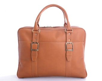 Genuine Vaquetta Tan or Brown Leather Overnight Bag, Laptop Bag, Hand crafted in Colombia