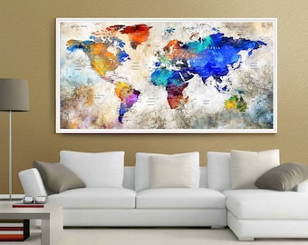 Push Pin World Map LARGE Wall Art World Map Watercolor Countries - World Map with Large, Push Pin It Map, Pin it Adventures, Gift Idea (L66)