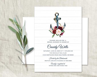 Nautical Bridal Shower Invitation Floral Anchor Wedding Shower Invitations Burgundy Blush Anchor Invitation Bridal Shower Template Printable