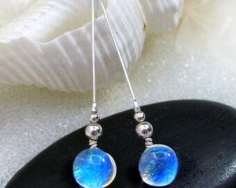 Translucent Mermaid Tears Blue Opal Dichroic Glass Earrings, Translucent Tropical Blue Drop Earrings and Argentium Sterling Silver Earrings