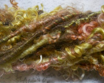 Handspun Tailspun Art Yarn of Wensleydale Wool Locks in Gold Lime Pink with Icelandic Silk by KnoxFarmFiber for Weave Knit Embellishment