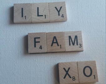 Repurposed/Scrabble tiles/refrigerator/magnet word set/boardgames/upcycled/letters/geeky/nerdy/words/kitchen/fun
