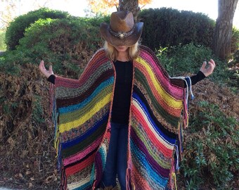 Women’s Handknit Boho, Hippie, Gypsy, Western, fringed, Poncho, Ruana, Blanket Shawl