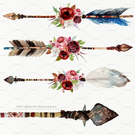 Download Watercolor Boho Floral set arrows burgundy flower bouquets ...