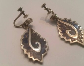 Vintage Mexican Inlay Earrings MR Taxco ASS Mexico 925 Sterling Silver Dangle