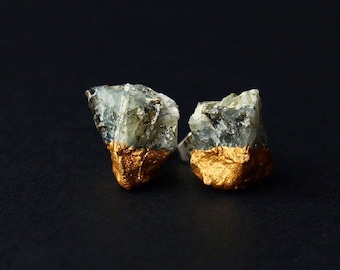 Gold & Raw Emerald Earrings, Emerald Studs