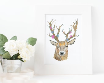 Deer Stag Flower Watercolour Art Print