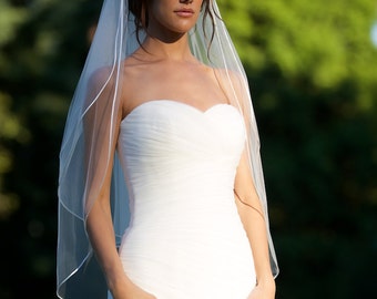 Fingertip veil with blusher, double tier fingertip veil with 1/8" corded satin trim, satin cord trim, Bridal veil, ivory veil.