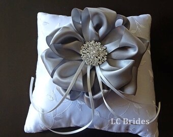 Wedding Ring Pillow, Silver Ribbon Flower, Ring Bearer, White, Embroider, Custom