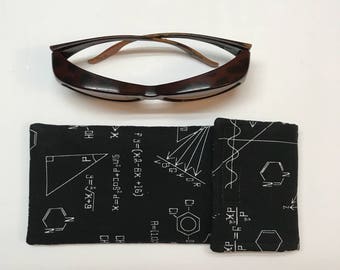 Large black chemistry print sunglass case fits sunglasses that you wear OVER regular glasses, chemistry themed fabric storage pouch