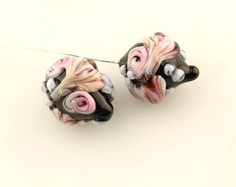 Lampwork Glass Bead Head Pins, Black Headpin Floral on Fine Silver Wire Green, Lavender, Pink Flowers