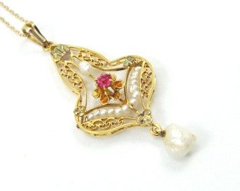 Victorian 10K Yellow Gold Ruby And Seed Pearl Lavalier/Antique Ruby Necklace/Victorian /10K Seed Pearl Lavalier/Ruby And Seed Pearl Necklace